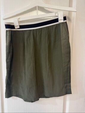 Sandro Olive Green A-Line Skirt with Navy & White Striped Waistband